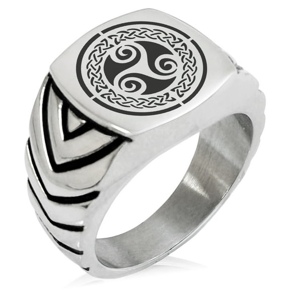 Stainless Steel Celtic Triskele Triskelion Triple Knot Chevron Pattern Biker Style Polished Ring