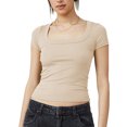 thumbnail image 1 of Camiseta de mujer transpirable con cuello cuadrado de color puro y manga corta ajustada para desplazamientos, 1 of 5