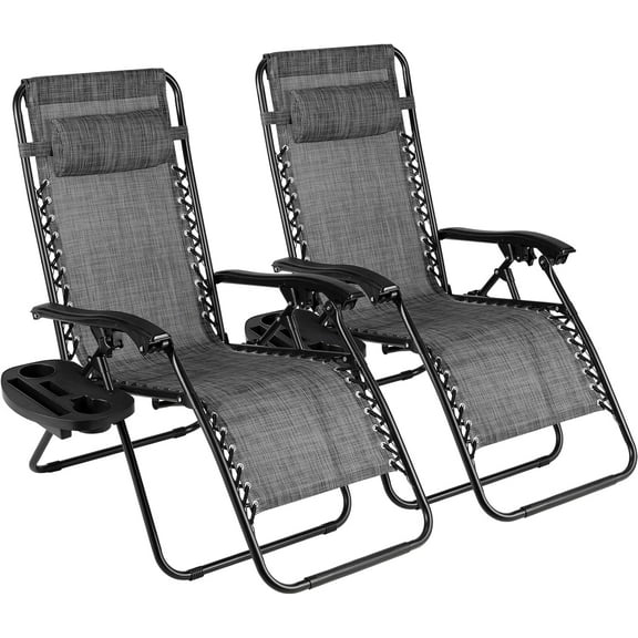 AthLike Outdoor Textilene Chairs Set, Adjustable & Folding Patio Lawn Reclining Lounge, Anti-Gravity Camping Metal Steel Chair w/Cup Holders, Pillows (Grey)