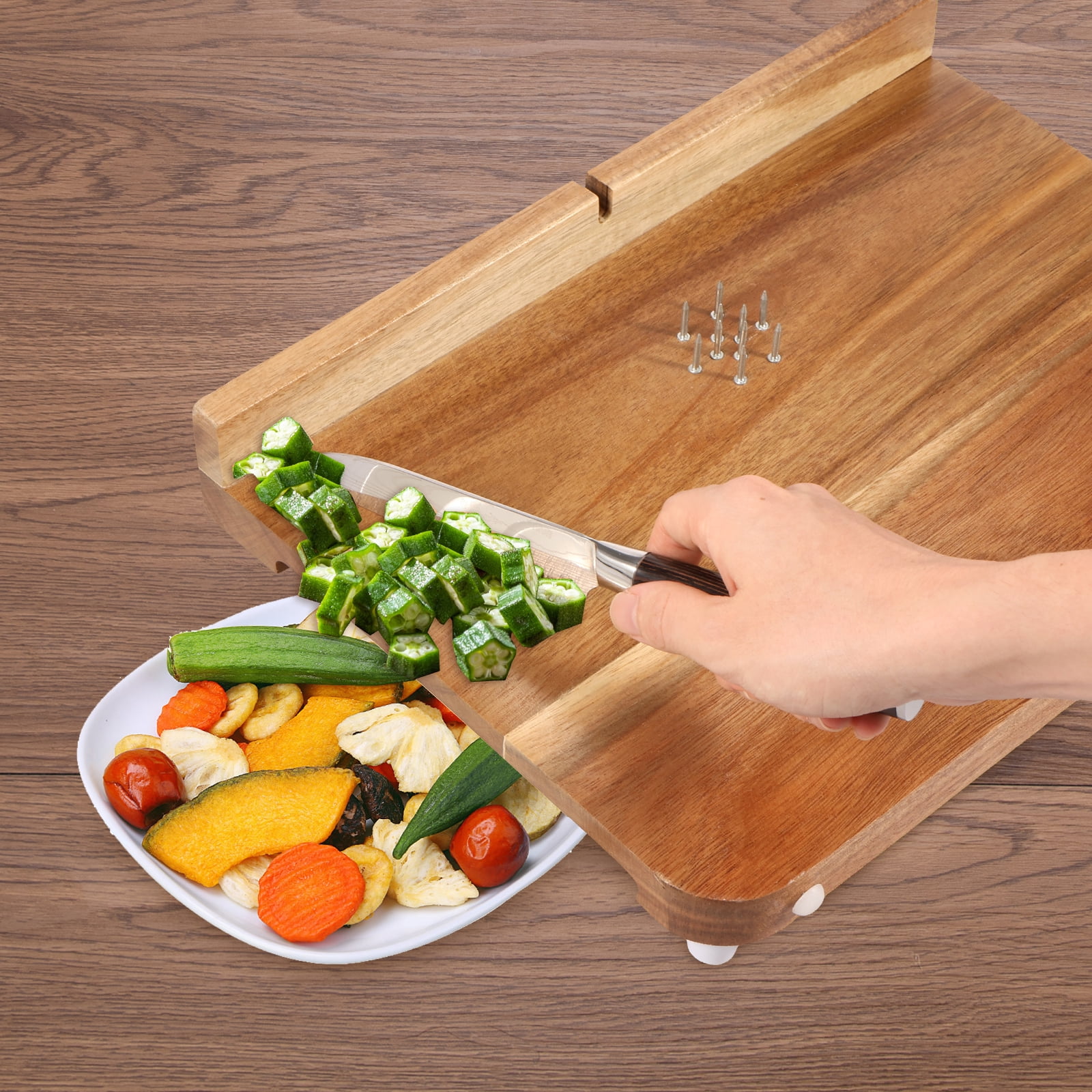 LINFANG Wooden Adaptive Cutting Board With Spike Smooth Surface Handicapped Kitchen Board With Anti Slip Bottom for Vegetable Fruit Meat