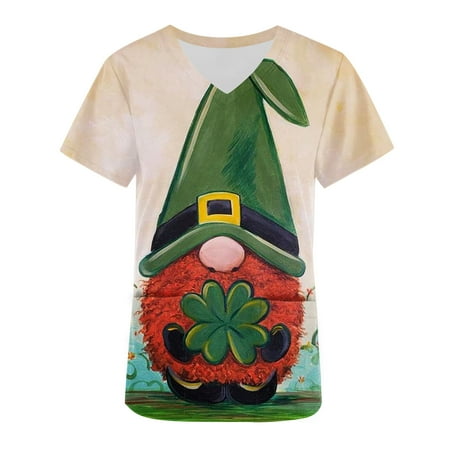 

Taqqpue St Patricks Scrub Tops for Women Plus Size Green Shamrock Clover Print V-Neck Short Sleeve Nursing Working Uniforms St Patricks Day Shirt Blouse Workout Tops Workwear with Pockets on Clearance