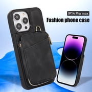 for iPhone 15 Pro Max Wallet Case Crossbody Strap, Zipper Phone Case with Card Holder Wrist Strap Purse Cover with Kickstand Compatible with iPhone 15 Pro Max (6.7 inch, 2023) - Black