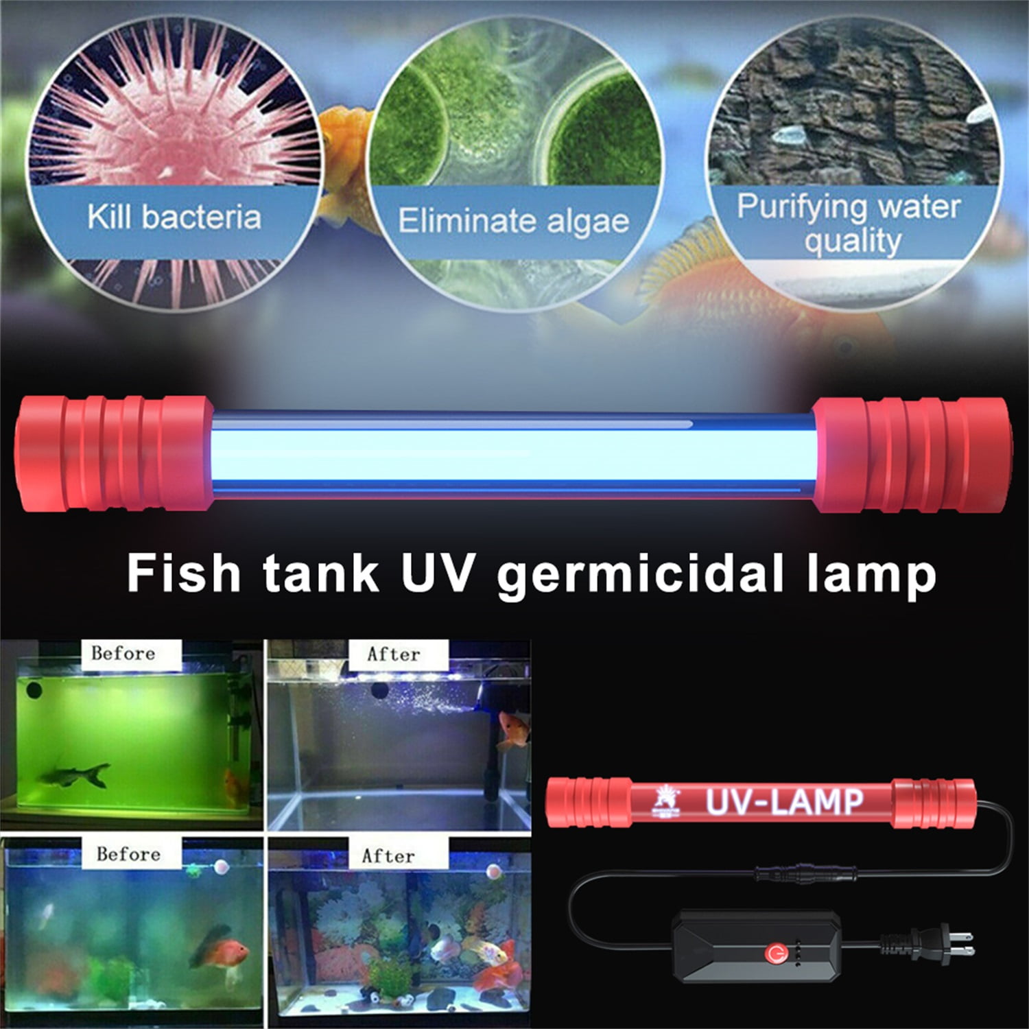 Pefilos 13W U-VC Aquarium Fish Tank Germicidal UV Light Sterilizer Pond Submersible Clean Lamp, Red Pefilos 13W U-VC Aquarium Fish Tank Germicidal UV Light Sterilizer Pond Submersible Clean Lamp, Red