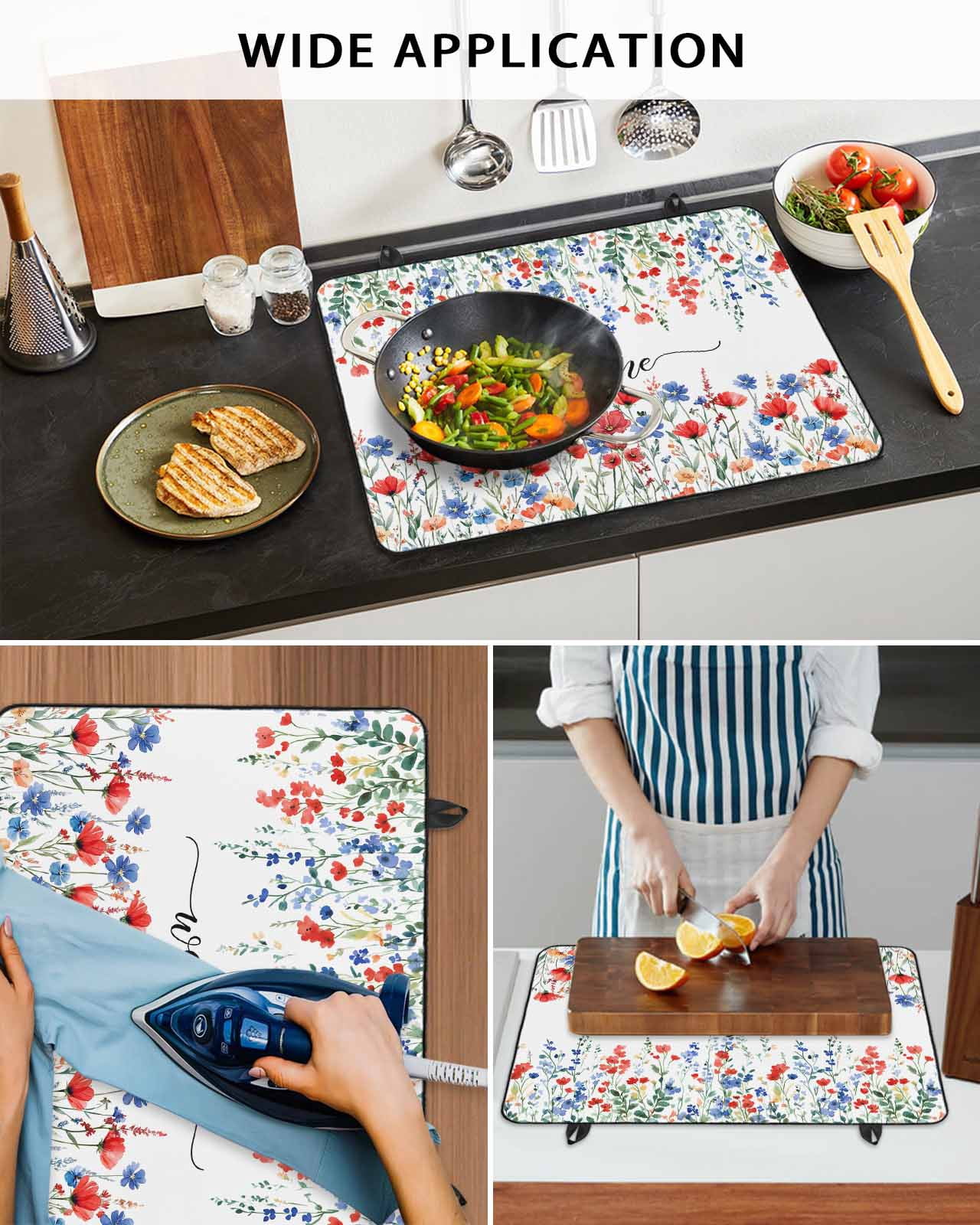 nqOlkjepod Large Induction Cooktop Protector Mat 24"x21", Pastoral Botanical Stove Top Covers for Electric Stove, Blue Red Floral Spring Welcome Stove Burner Cover Mats, Glass Top Stove Cover