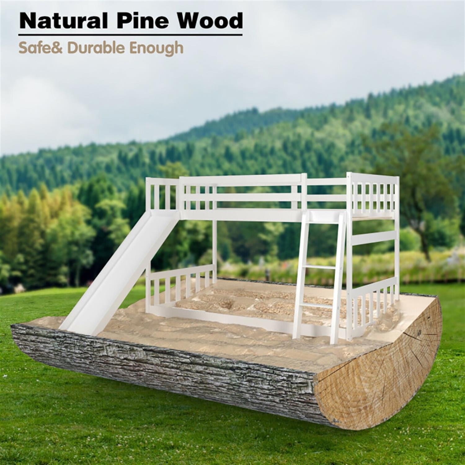 Demi Bonn Twin Over Twin Bunk Bed with High Guardrails and Slide Ladder, Twin Bunk Solid Wood Low Beds, Bed Frame, White