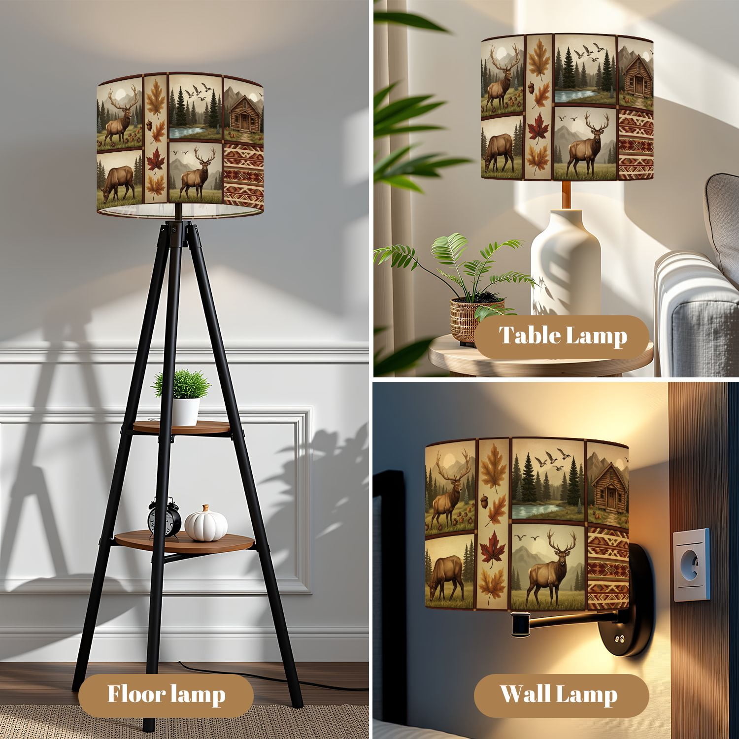 Rustic Linen Drum Lamp Shades Rustic Forest Wildlife Deer Maple Leaves Cabin Geometric 13" x 13" x 10" Lampshade for Table Lamps Floor Lamps Lamp Shade Replacement Easy Assembly Required