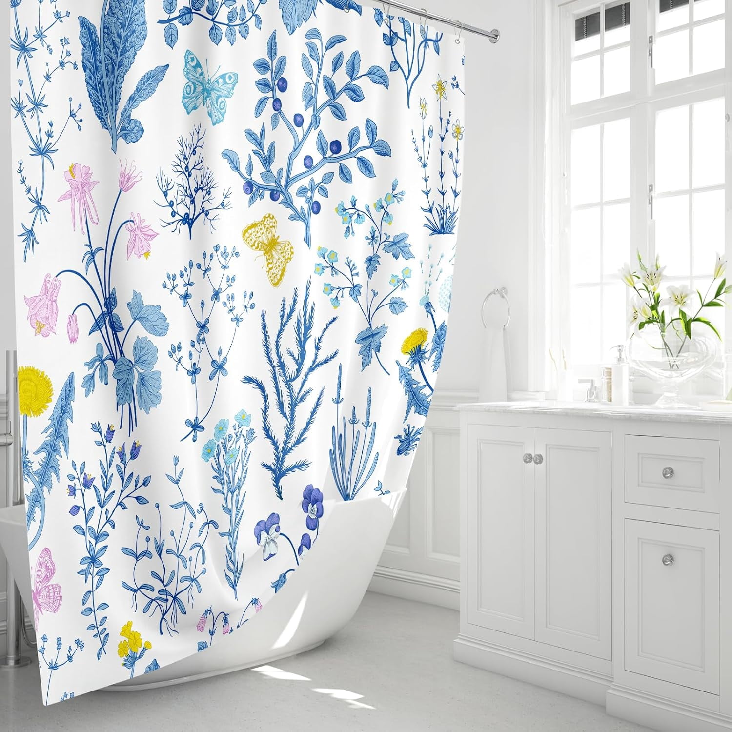 Extra Long Shower Curtain 72 x 84 Inch, Tall Blue Floral Fabric Shower Curtain, Cute Botanical Herbs Flower Butterfly Aesthetic Bathroom Shower Curtain Set with Hooks