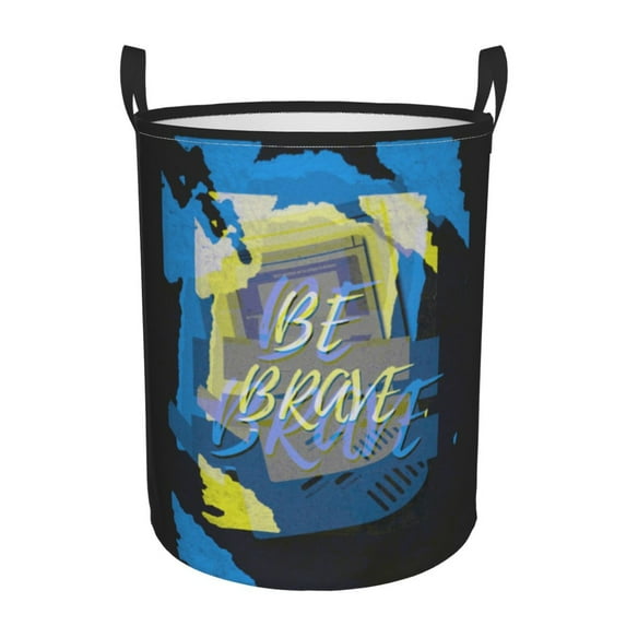 XMXY Round Laundry Basket Organizer, Brave Slogan Double Color Pattern Blue Waterproof Collapsible Dirty Clothes Basket Laundry Hamper, Medium Size