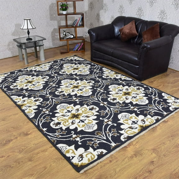 Rugsotic Carpets Hand Knotted Sumak Wool Area Rugs - 6'X9', Rectangle, Black White, Floral Modern Design, High Pile Thick Handmade Anti Skid Area Rugs For Living Room, Bed Room (Sw0020)