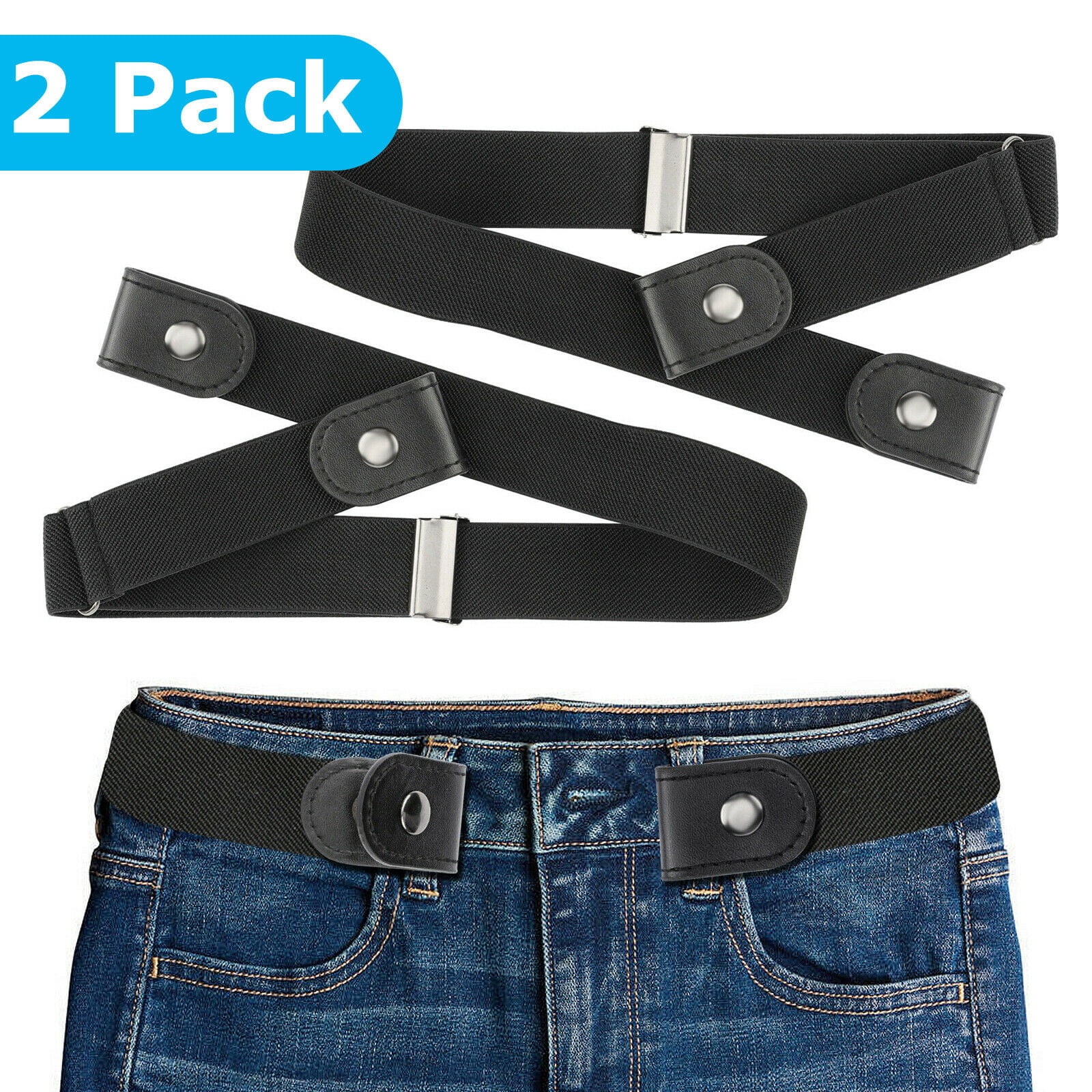 2 Pieces JASGOOD No Buckle Stretch No Show Belt for Men，Buckless Invisible Elastic Belt for Jeans Pants 