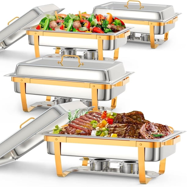 4 - pack 8qt chafing dish buffet set - stainless steel chafers y warmers con folding frame (food servers included)