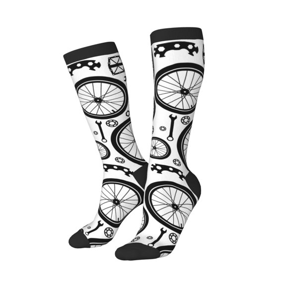 Knee High Socks for Women Men Athletic - Vintage Bike wheel Pattern Thigh-High Black Sole Comfort Breathable Long Socks for Casual Travel Running