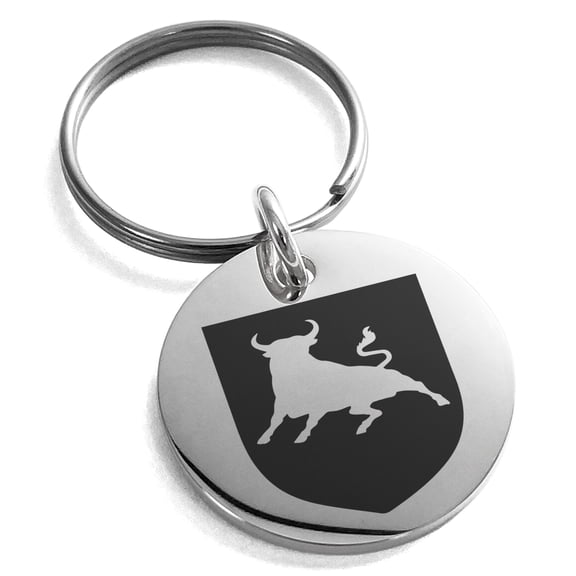 Stainless Steel Bull Bravery Coat of Arms Shield Engraved Small Medallion Circle Charm Keychain Keyring