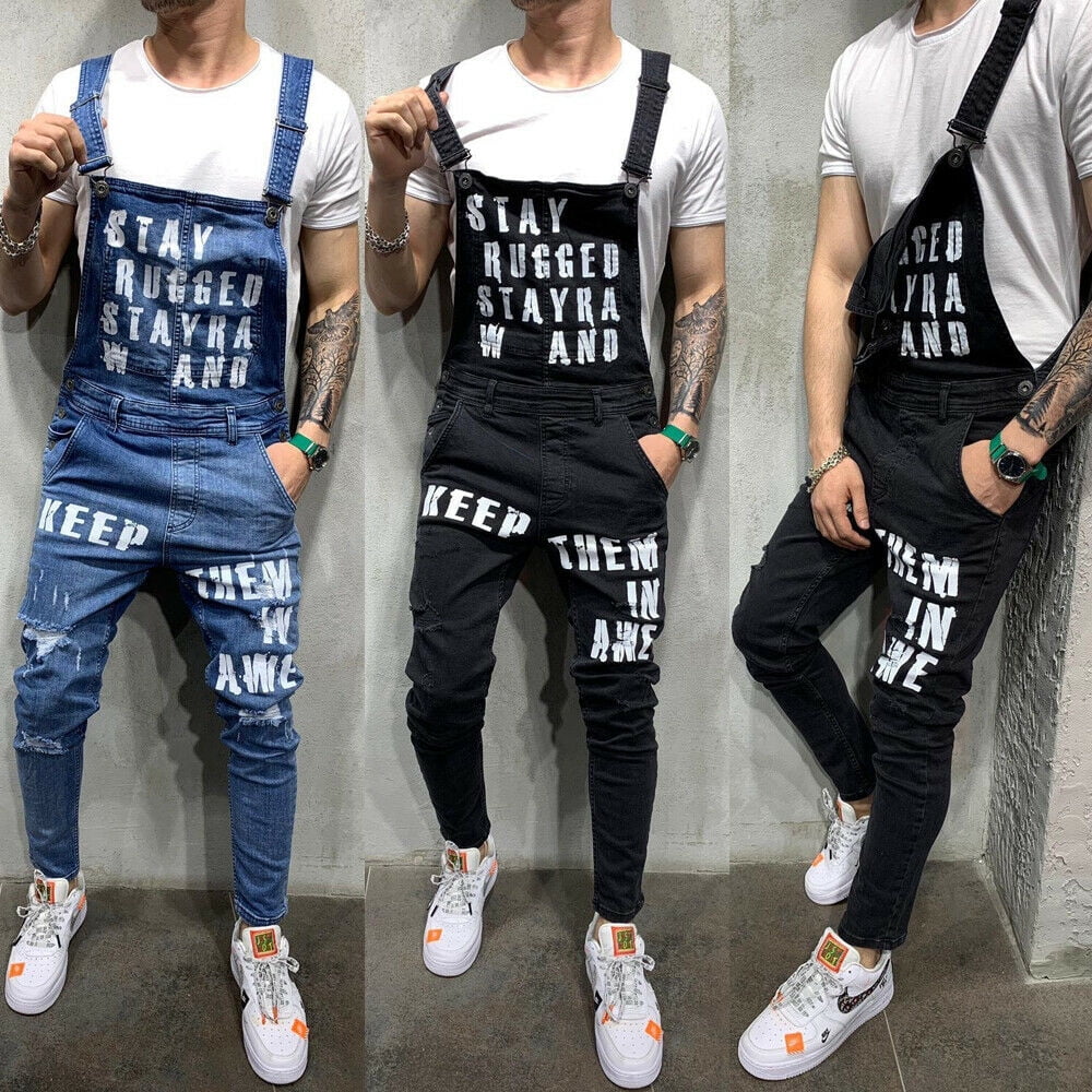 New Mens Denim Dungaree Overalls Pants Trousers Work Jumpsuit Ripped Cargo Jeans