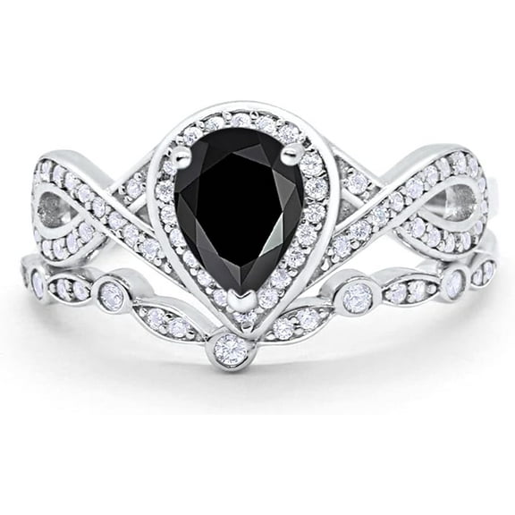 Divine Creation 14K White Gold Plated 925 Sterling Silver 2.50 Ct Pear Cut Black Diamond Wedding Engagement Thanksgiving Christmas Bridal Ring Set For Women's -4