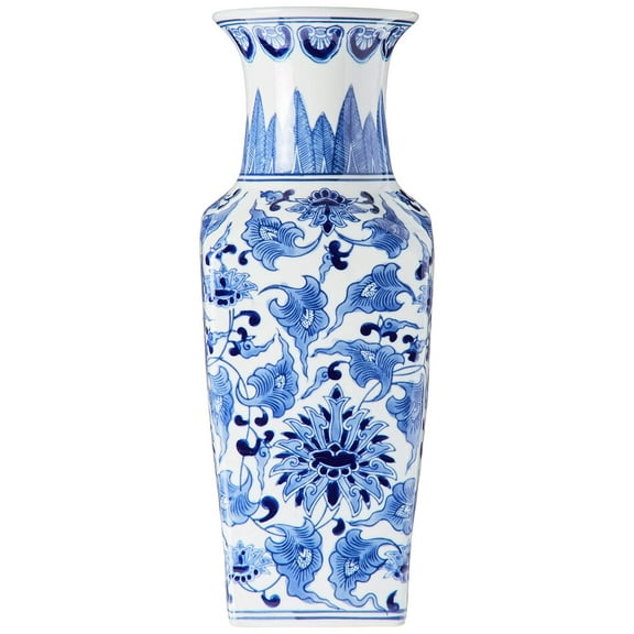 K&K Interiors Porcelain Blue and White Chinoiserie Square Vase, - 15299A