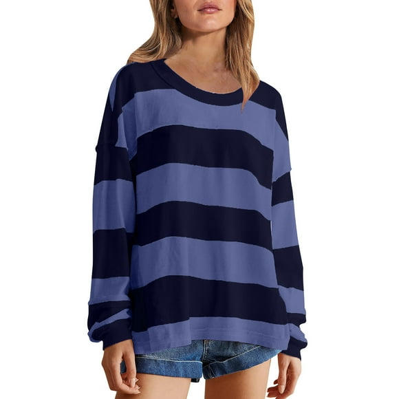 Jsaierl Color Blocked Sweatshirts for Women Oversized Loose Fit Y2k Drop Shoulder Pullover Casual Striped Long Sleeve Shirts Tops