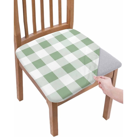 Sage Green Checkered Chair Seat Covers for Dining Room Stretch Chair Seat Covers Set of 2, Green White Buffalo Plaid Chair Seat Protector Cushion Slipcovers for Kitchen Restaurant Office