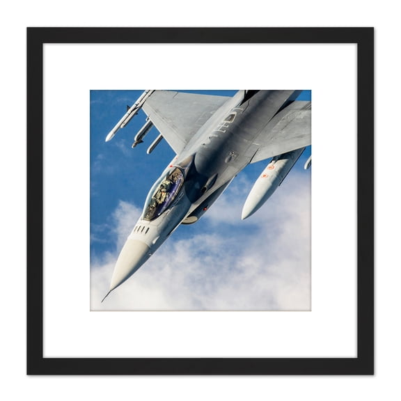Military USA USAF F-16 Fighting Falcon Fighter Jet Photo 8X8 Inch Square Wooden Framed Wall Art Print Picture with Mount