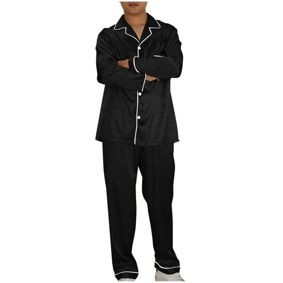uublik Men's Pajamas Set Button Down Two-Piece Long Sleeve and Pants Sleepwear Soft Lounge Pj Sets, Black