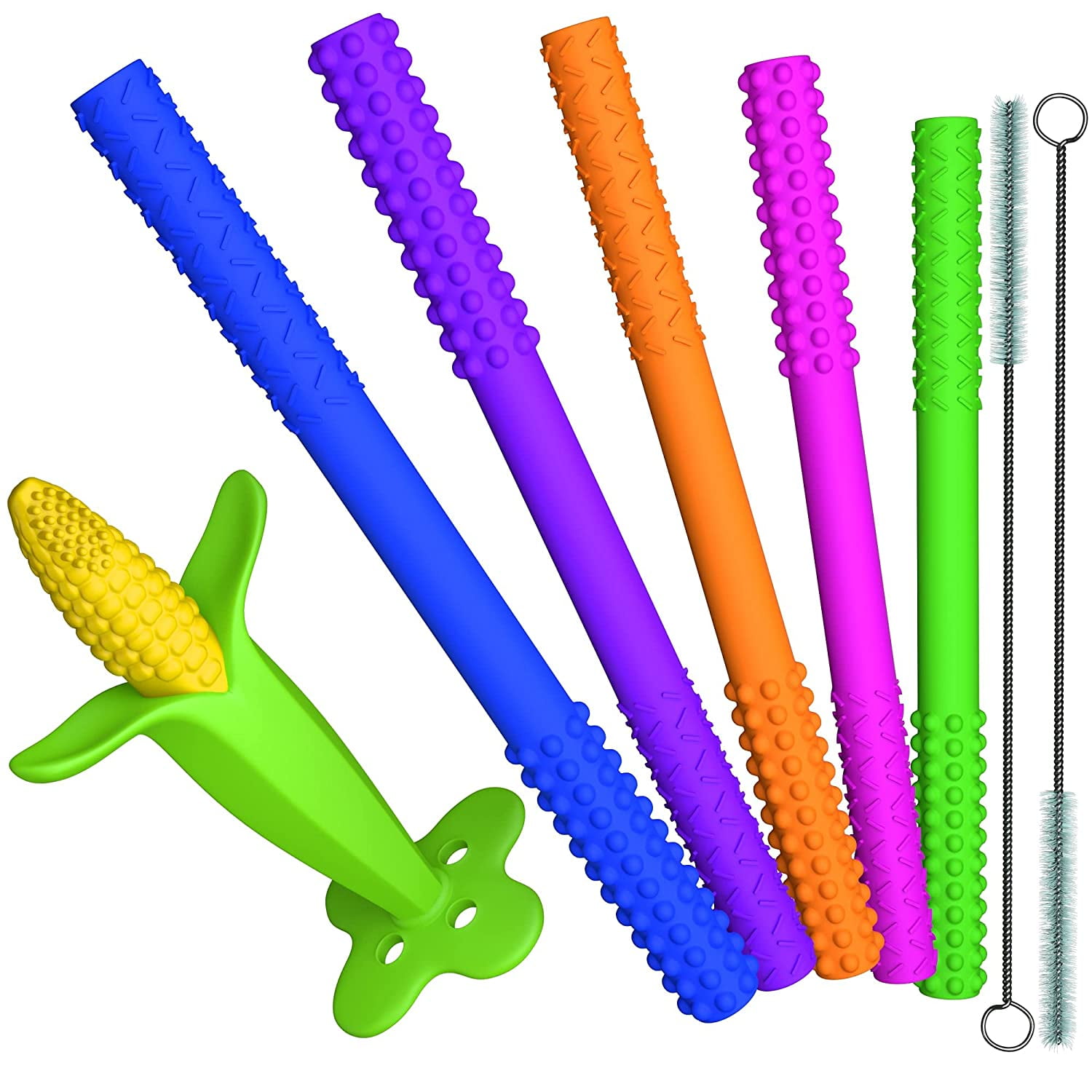 Hollow Teething Tubes Soft and Durable Fruit Shaped Baby Teether with Brushes 8-Pack Teething Toys for Babies 6-18 Months Silicone Teethers for Toddlers Sensory Chewy Tubes