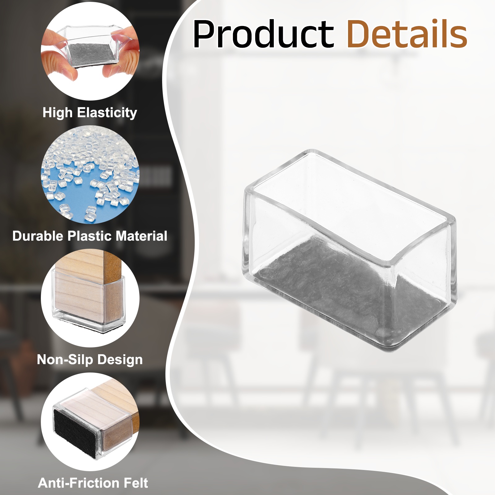 Uxcell 28Pcs Rectangle Chair Leg Protectors, 1.97x0.98" & Felt Furniture Chair Leg Cover Caps for Hardwood Floors Elastic Scratch Reduce Noise Covers Furniture Pads, Clear Black
