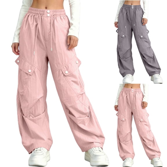 Miqool Girls Cargo Pants Drawstring Waist Parachute Pants Quick Dry Wide Leg Hiking Pants with Multi Pockets