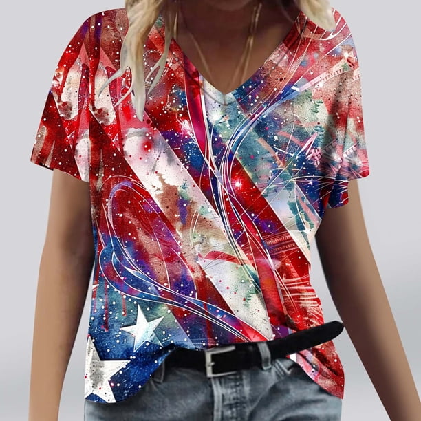 Fiudx Liquidación de Ofertas Flash Camiseta de Manga Corta con Cuello En V Estampada para El Día de La Independencia Informal a La Moda para Mujer