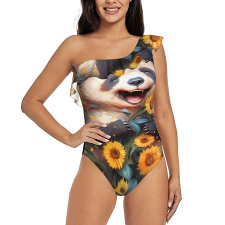 Sikiie Elegant Cute Panda Sunflower Print Women One Piece Swimsuits Tummy Control One Shoulder Bathing Suits Ruffle Swimwear  From S to XXL-Small