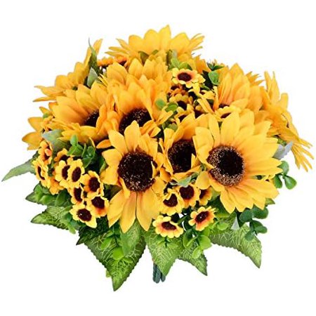 Artificial Sunflower Bouquet 2 Bunches Silk Sunflowers Fake Yellow Flowers for Home Decoration Wedding Decor (2 Pack)$$Home Decor Kitchen & Other