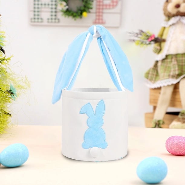 Cesta de Pascua azul con forma de conejito, bonitas bolsas de Pascua con orejas de conejo para buscar huevos de Pascua, decorar y guardar dulces.