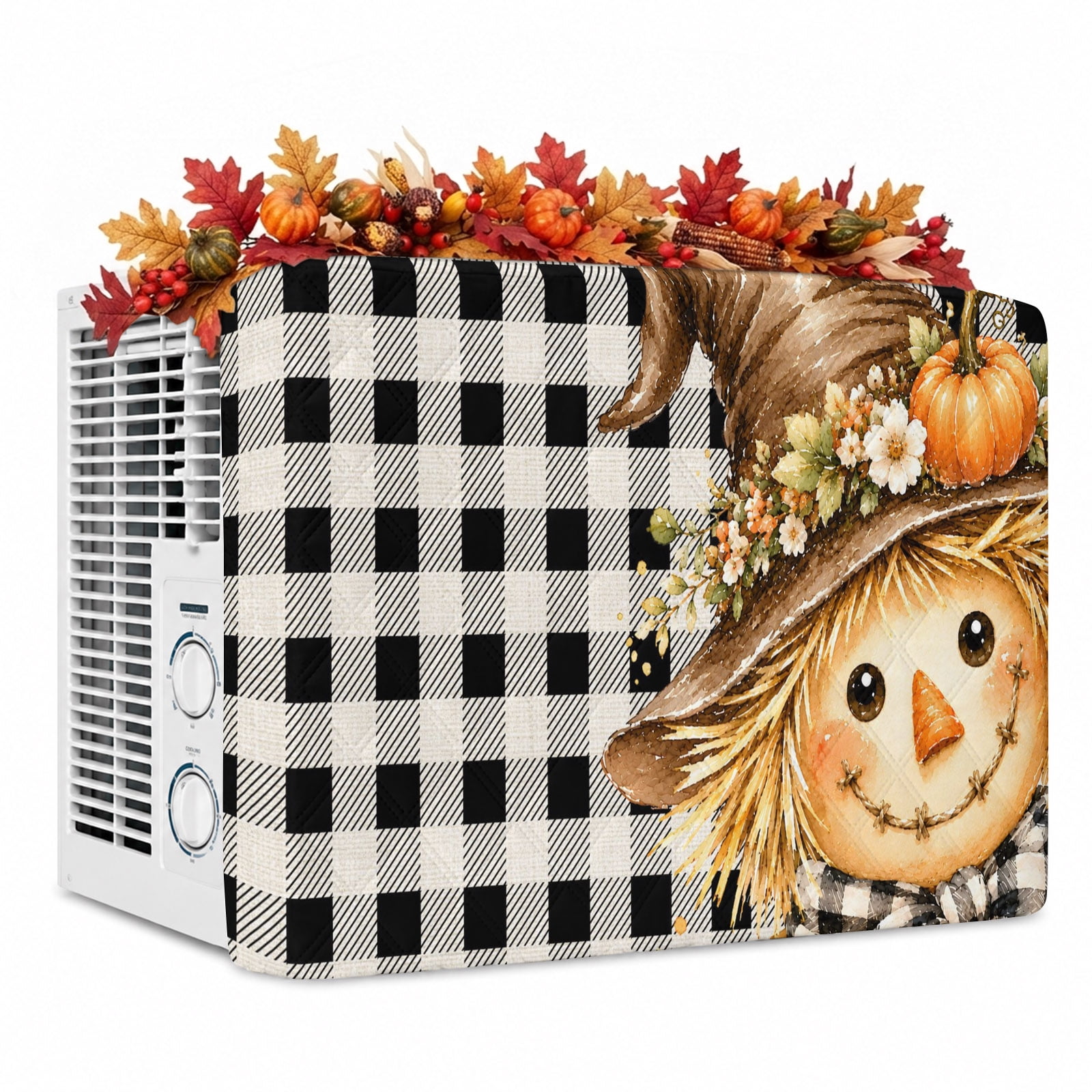 Thanksgiving Indoor Air Conditioner Covers Double Insulation AC Unit Cover with Drawstring Fall Harvest Scarecrows Pumpkin Plaid Waterproof Window Air Conditioner Covers for Inside 28 x20 x3.5