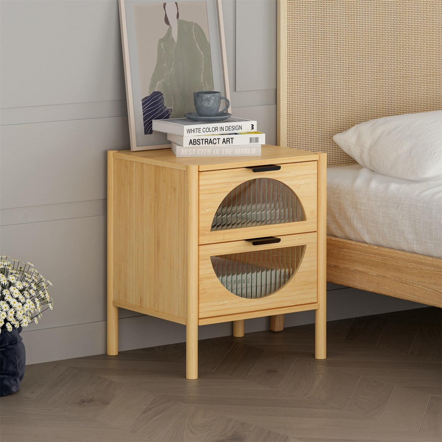 Kadyn Nightstand Side Table, Bamboo End Table with 2 Drawers, Modern Bedside Table for Bedroom, Living Room, Barnwood Kadyn Nightstand Side Table, Bamboo End Table with 2 Drawers, Modern Bedside Table for Bedroom, Living Room, Barnwood