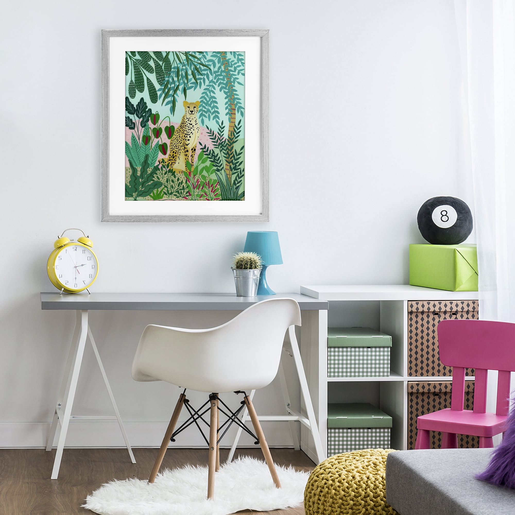 Stoic Leopard Tropical Forest Gray Framed Print Under Glass, design by Nabeela Rumi