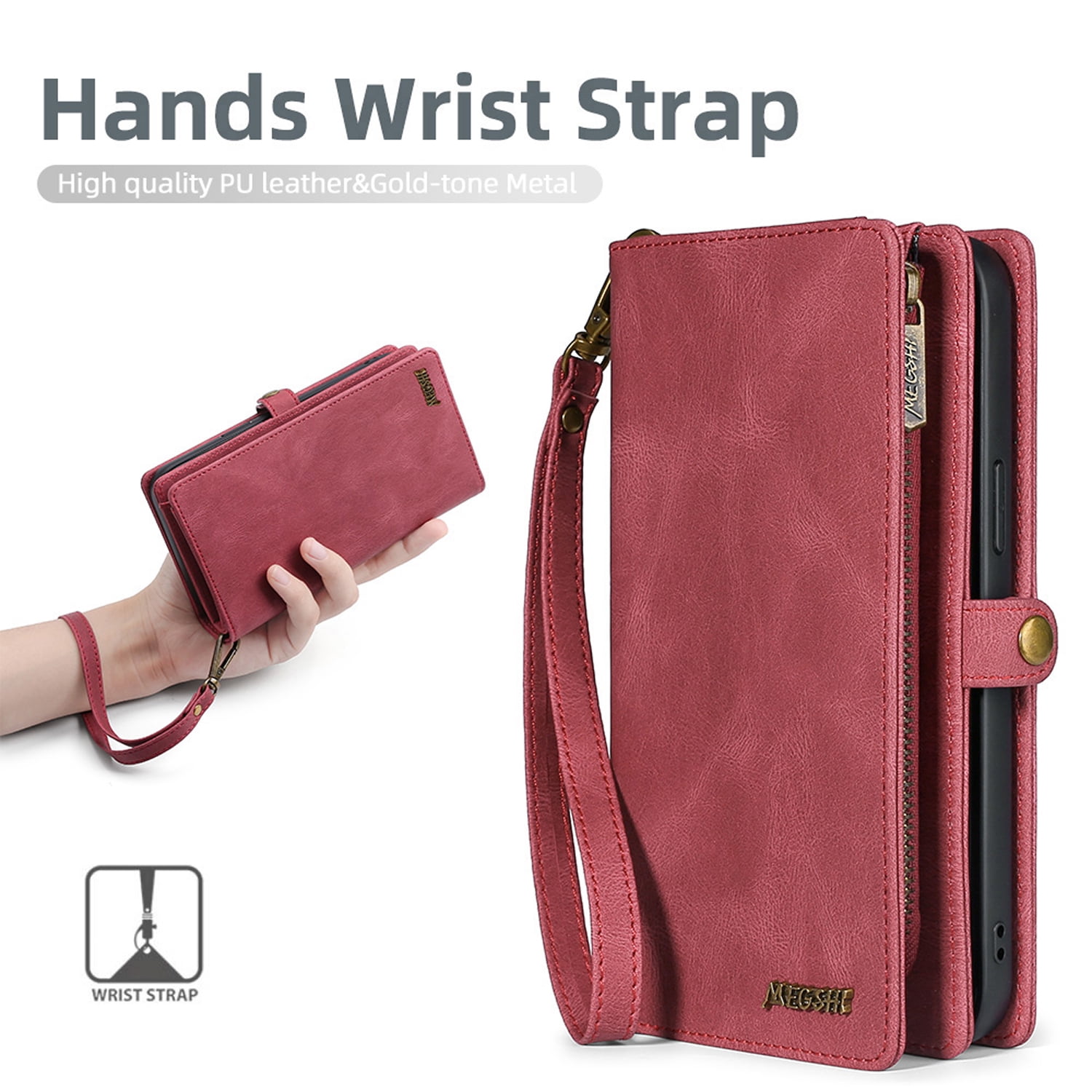 for Samsung Galaxy S25 Plus Case for Women Men, Removable Durable PU Leather Magnetic Flip Strap Wristlet Zipper Purse Card Holder Detachable Wallet Phone Cases for Samsung Galaxy S25 Plus, Red