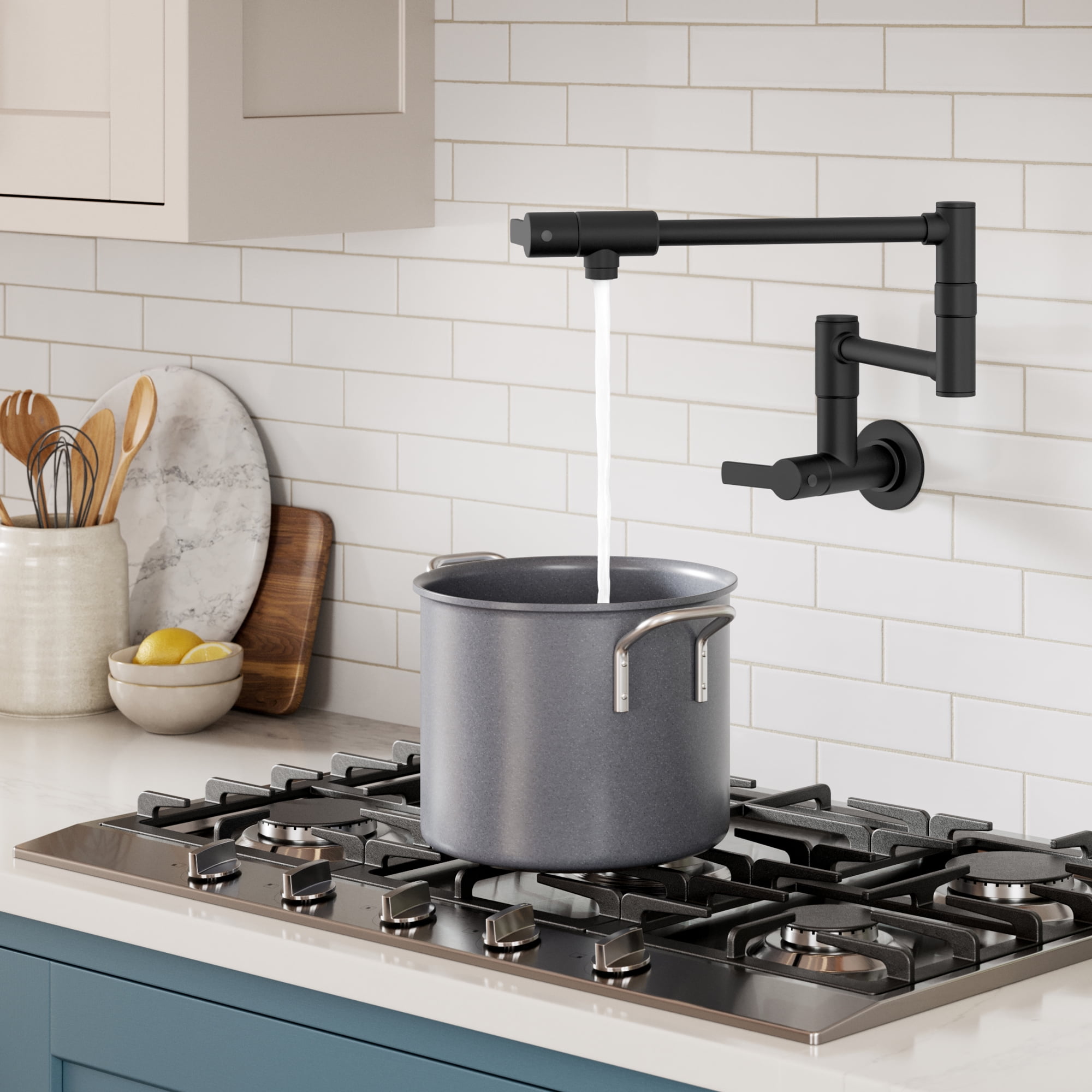 KRAUS® Oletto™ Wall Mount Pot Filler Kitchen Faucet with Retractable Arm in Matte Black