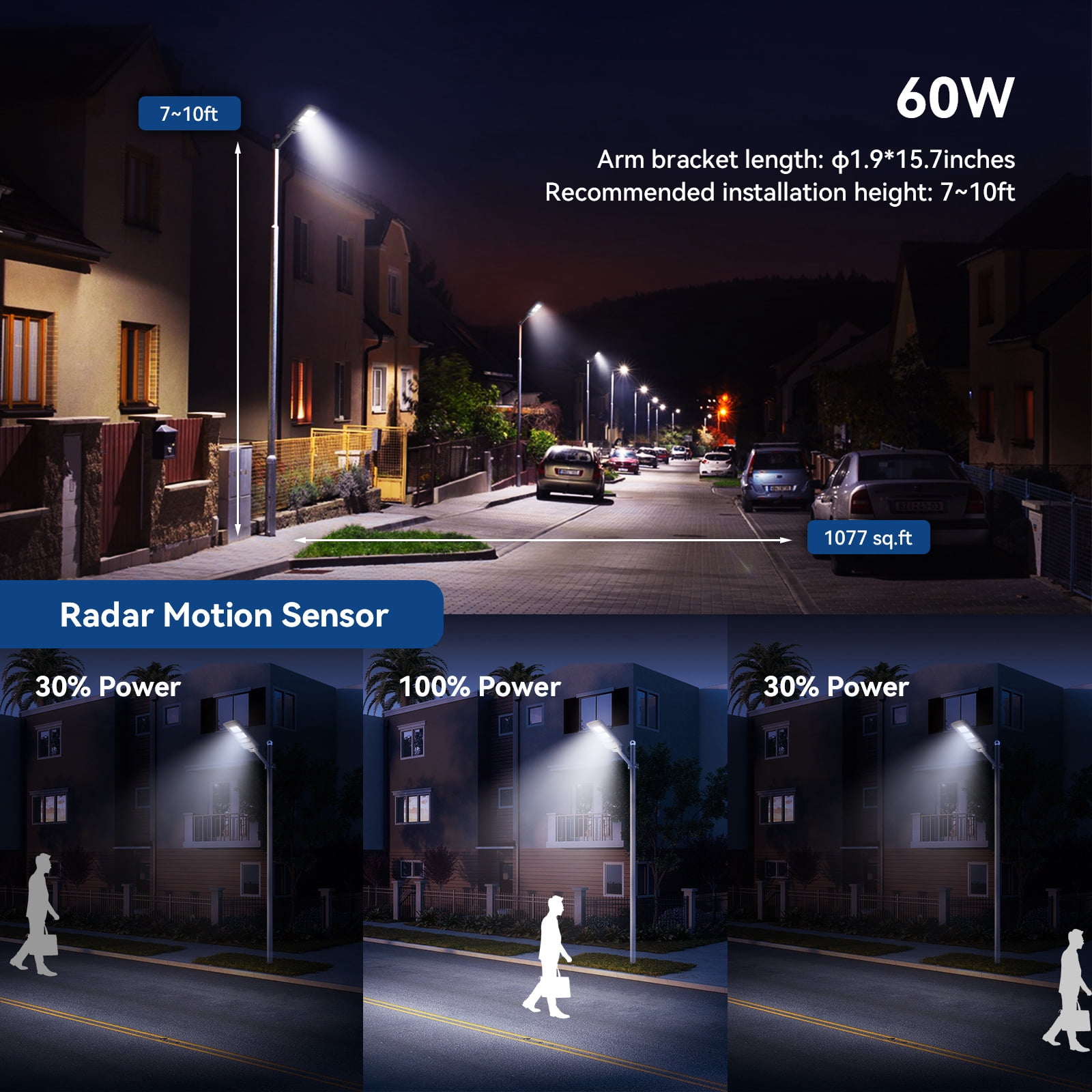LANGY LED Solar Street Light Motion Sensor 60W, 10000mAh IP65 Waterproof Solar Security Flood Lights Outdoor with Remote Control, Dusk to Dawn Solar Lights Lamp for Garden Yard Parking Lot