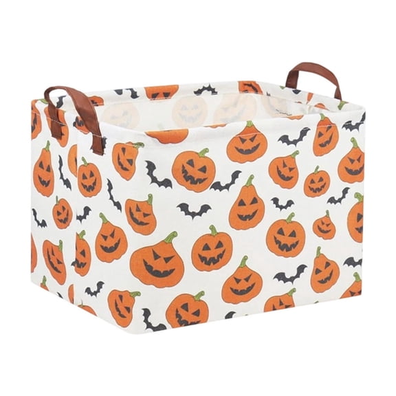 Novryn Halloween Storage Bin, Large Foldable Fabric Organizer Basket With Handles, Waterproof Halloween Print, 15 x 10.2 x 9.8 Inch - White Pumpkin Print