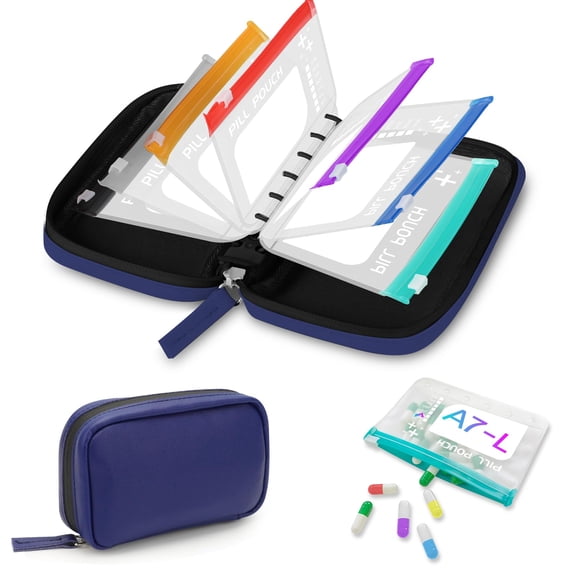 Waterproof Pill Pouch Set-14pcs Bags Inside,A8 Waterproof Pill Organizer Set,7 to 14 Days of Meds & Medicine Crush-Resistant Shell (Navy)