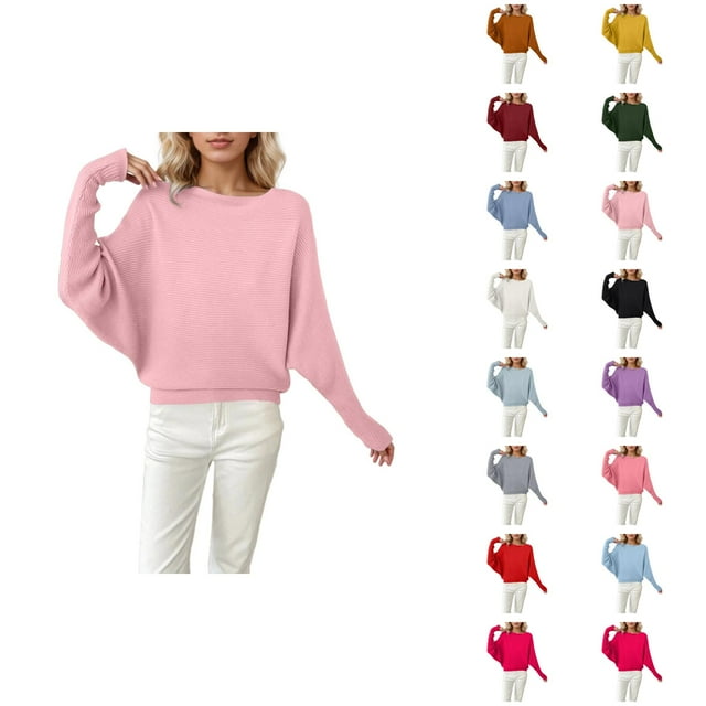 Chandails Surdimensionnés pour Femmes 2026 Automne Hiver Décontracté Manches Chauve-Souris Col Rond Chandail Tricoté