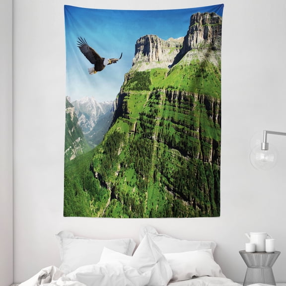 Eagle Tapestry, Wild Majestic Bird Flying Great Landscapes Green Mountains Forest Nature Image, Wall Hanging for Bedroom Living Room Dorm Decor, 60W X 80L Inches, Green Blue Black, by Ambesonne