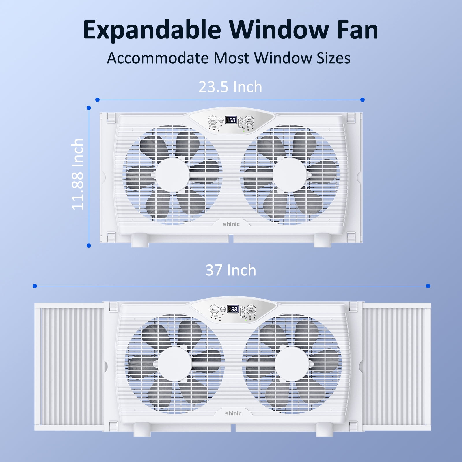 Shinic 9" Twin Window Fan with Thermostat, Reversible Airflow, 3 Speeds, Expandable Width 23.8"-37", ETL Listed