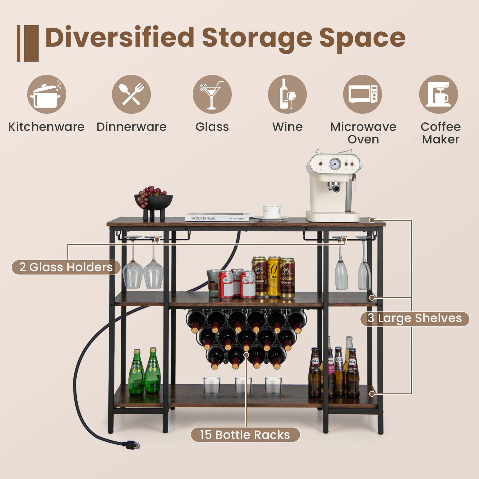 Costway  Cabinet Bar Table  Rack Table for Drinks Glasses with Power Outlets Brown