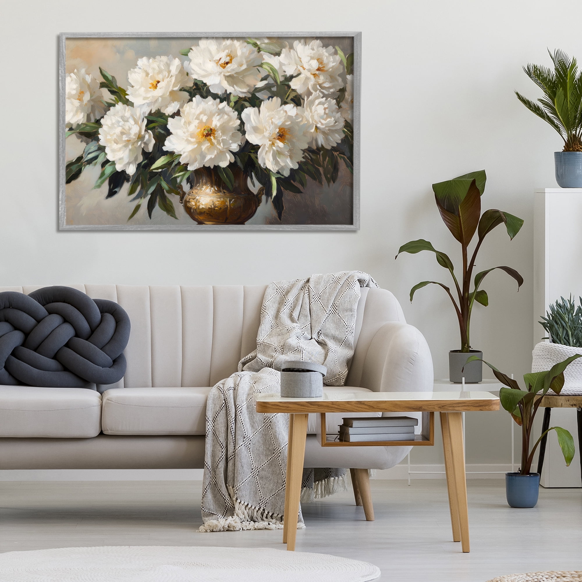 Stupell Industries Golden Vase with Peonies Gray Framed Giclee Art, design by Petal Prints Design