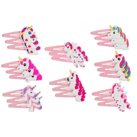 Rainbow Unicorn Hair Clips - 24-Pack Anti-Slip Snap Hairclips for Girls, Assorted Pink Unicorn-Themed Barrette Hair Pins, Ideal for Birthday Party Supplies Favors, Game Prizes