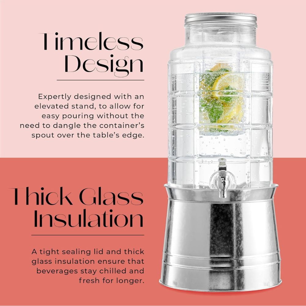 Style Setter Patchwork 2.4 Gallon Beverage Dispenser with Ice Insert, Fruit Infuser, and Galvanized Base - Clear