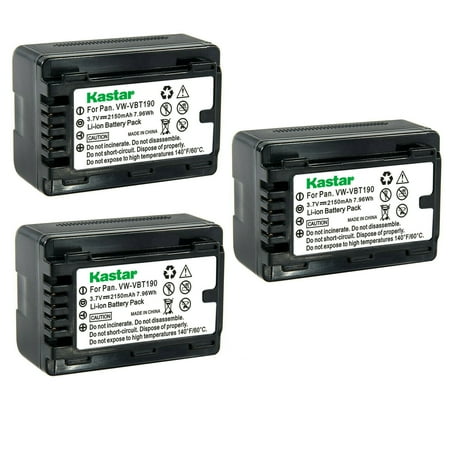 Kastar 3-Pack Battery VW-VBT190 Replacement for Panasonic HC-V160  HC-V160K  HC-V160GK  HC-V180  HC-V180K  HC-V180GK  HC-V201  HC-V201K  HC-V210  HC-V210M  HC-V210GK  HC-V210MGK  HC-V230M Camera