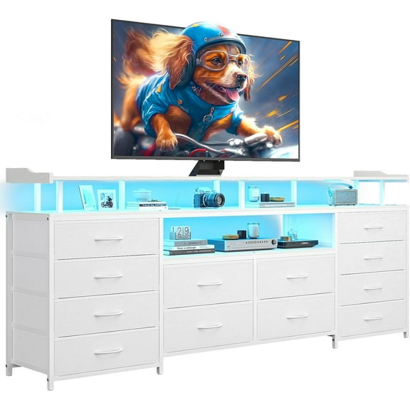 12 Drawers TV Stand Dresser for 65/70 inch TV, Entertainment Center with LED Lights & Power Outlets, 63" Large LED TV Stand, TV Console for Bedroom