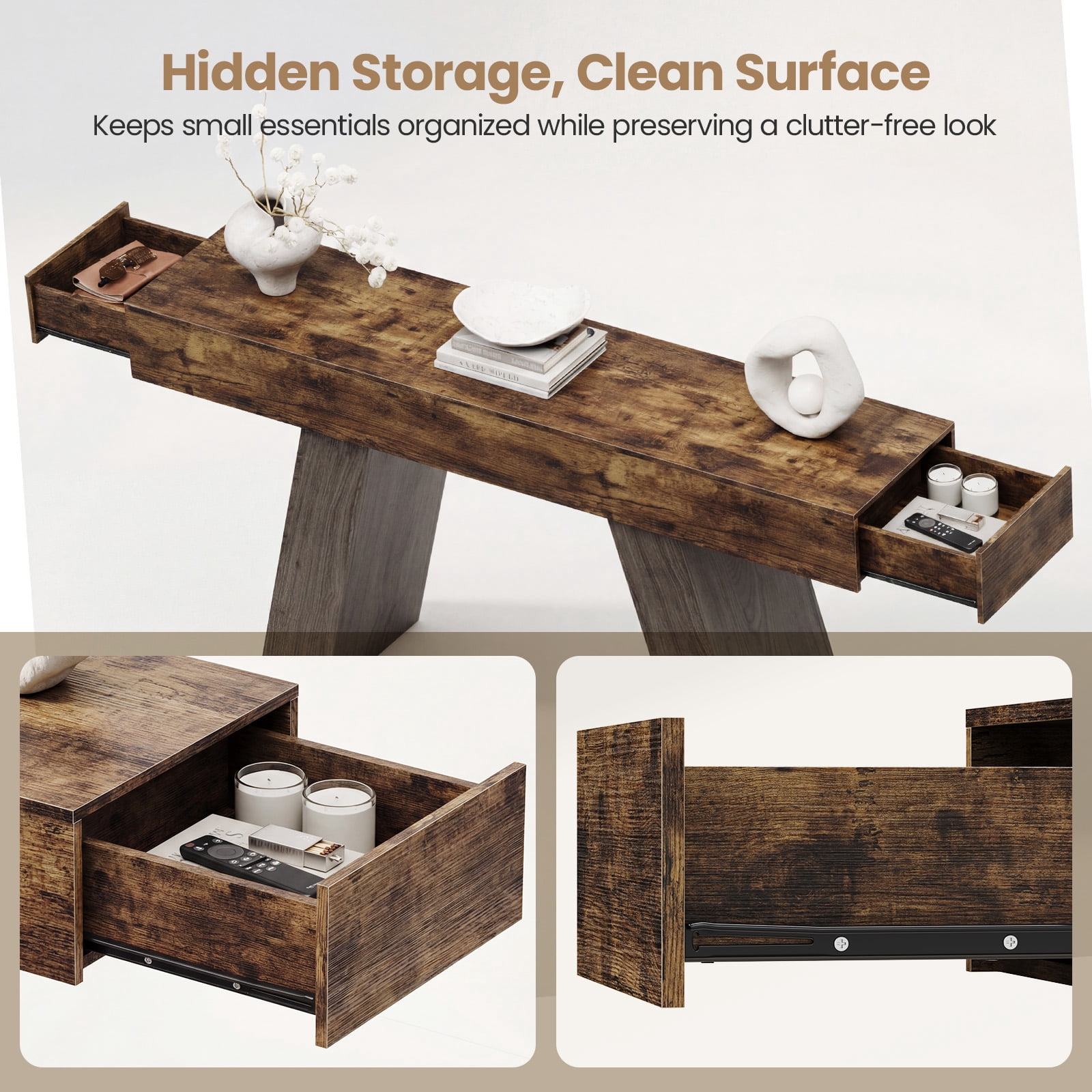 Advwin 63" Console Table with Storage Drawers, Extra Long Sofa Table for Entryway or Behind Couch, Farmhouse Narrow Hallway Table with Floor Protection Pads, Rustic Brown+Charcoal
