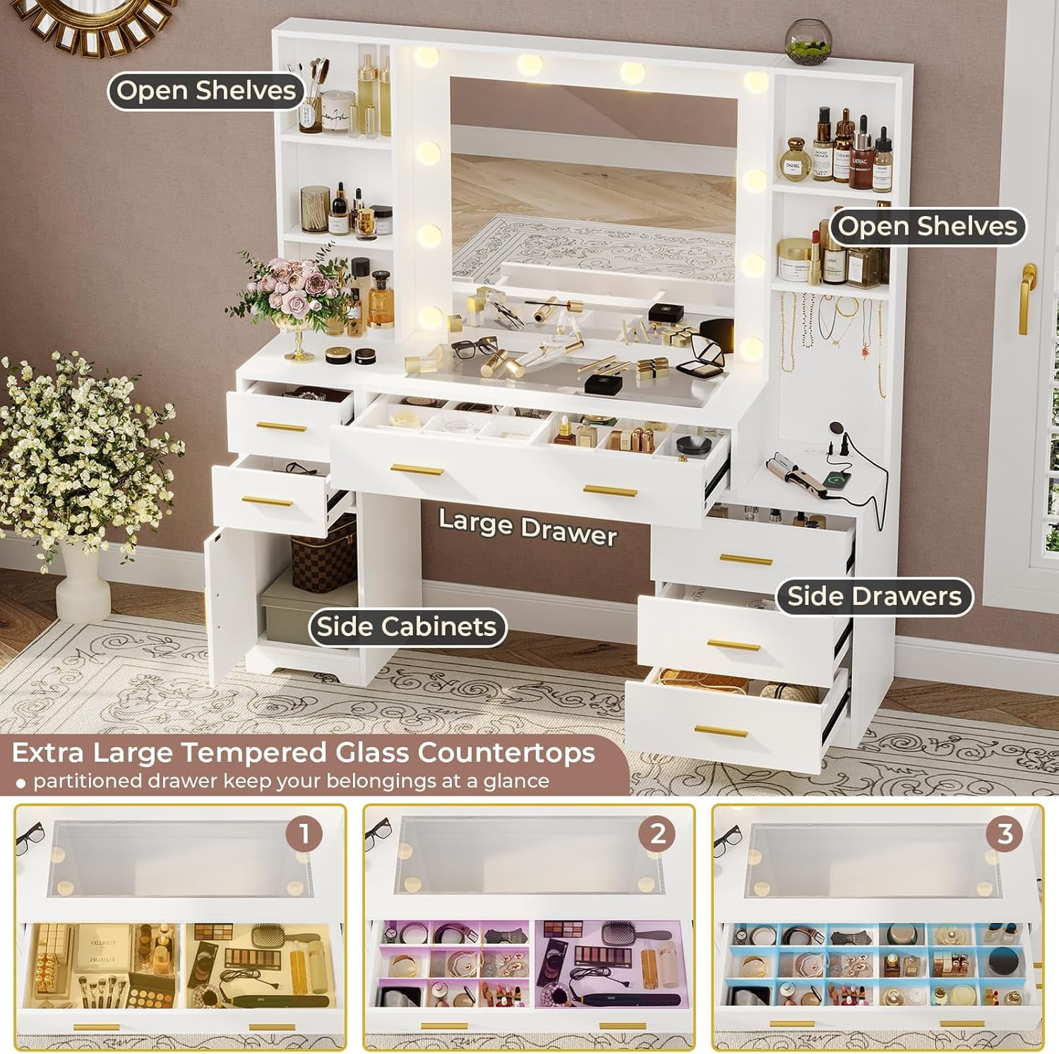 Makeup Vanity Desk with Lighted Mirror & Charging Stations & 6 Drawers, Large Vanity Table Bedroom Dressing Table with Glass Tabletop&Side Cabinet&Glass Tabletop, White